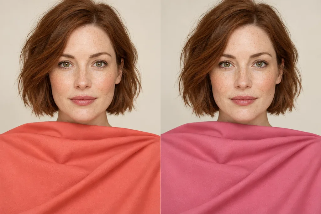 Paired portraits of the same adult woman aged 36 with fair freckled skin and a short auburn bob, with warm coral fabric on the left and cool rose fabric on the right.