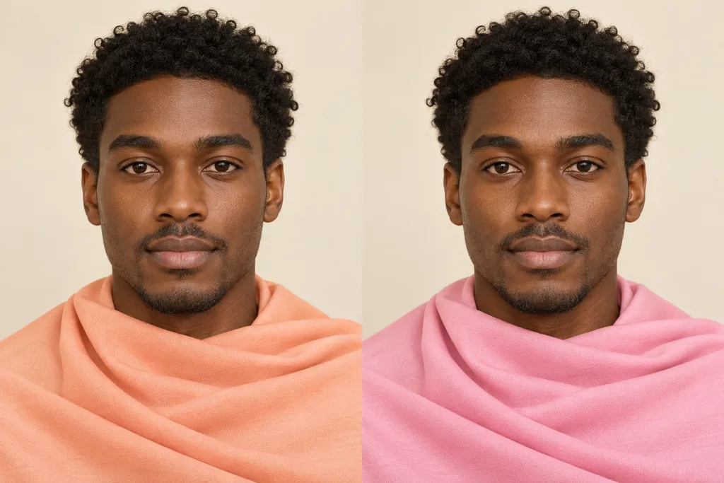 Paired portraits of the same adult masculine-presenting person aged 28 with deep brown skin and short natural curls, with warm peach fabric on the left and cool pink fabric on the right.