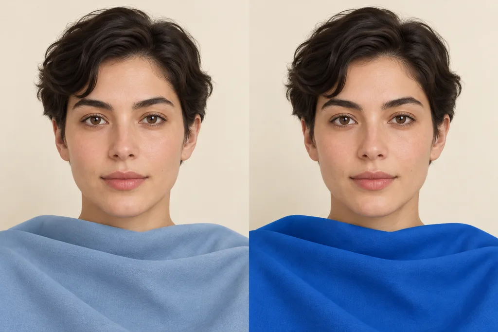 Paired portraits of the same androgynous adult aged 30 with light olive skin and short dark hair, with soft dusty blue fabric on the left and clear saturated blue fabric on the right.