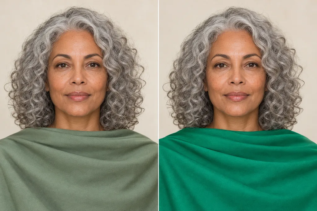 Paired portraits of the same adult woman aged 50 with medium brown skin and shoulder-length silver curls, with muted sage fabric on the left and bright emerald fabric on the right.