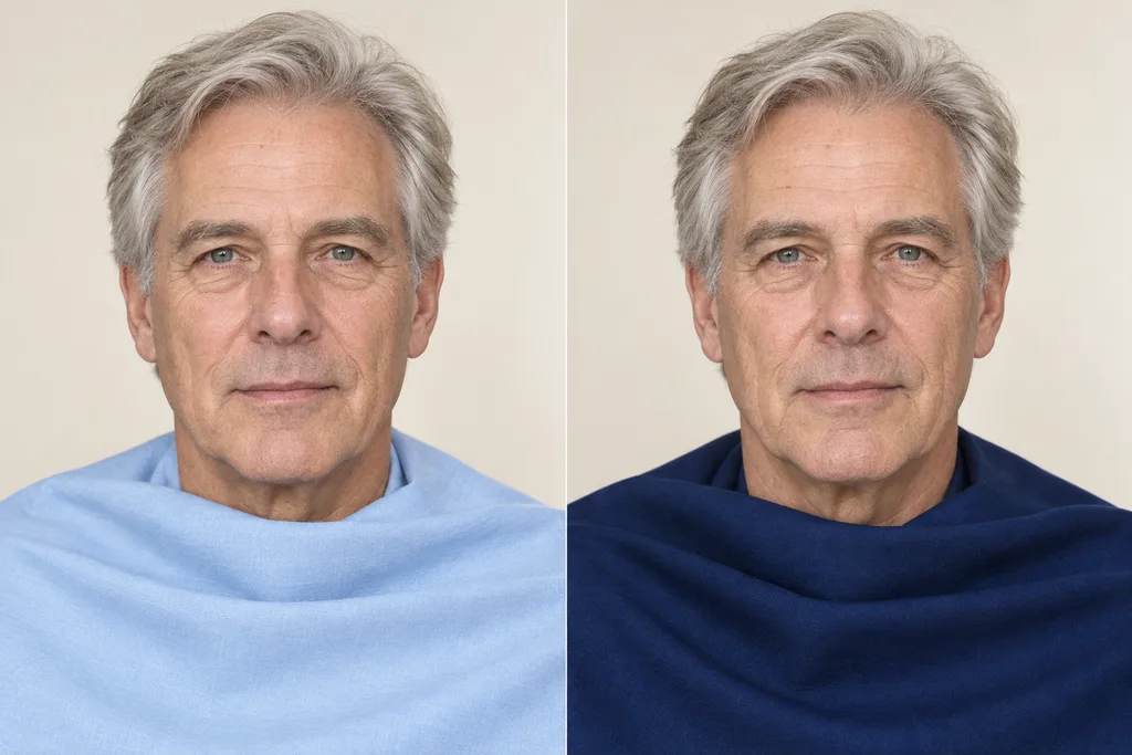 Paired portraits of the same adult masculine-presenting person aged 65 with fair skin and grey hair, with light blue fabric on the left and deep navy fabric on the right.