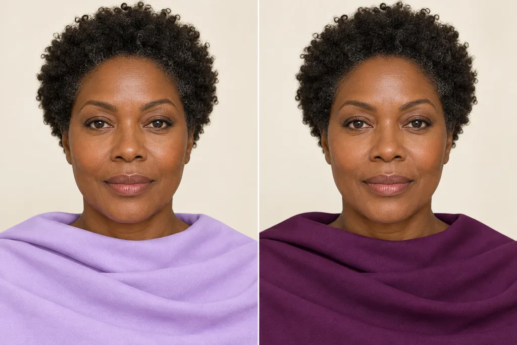 Paired portraits of the same adult woman aged 45 with deep brown skin and a natural coily crop, with light lavender fabric on the left and deep plum fabric on the right.