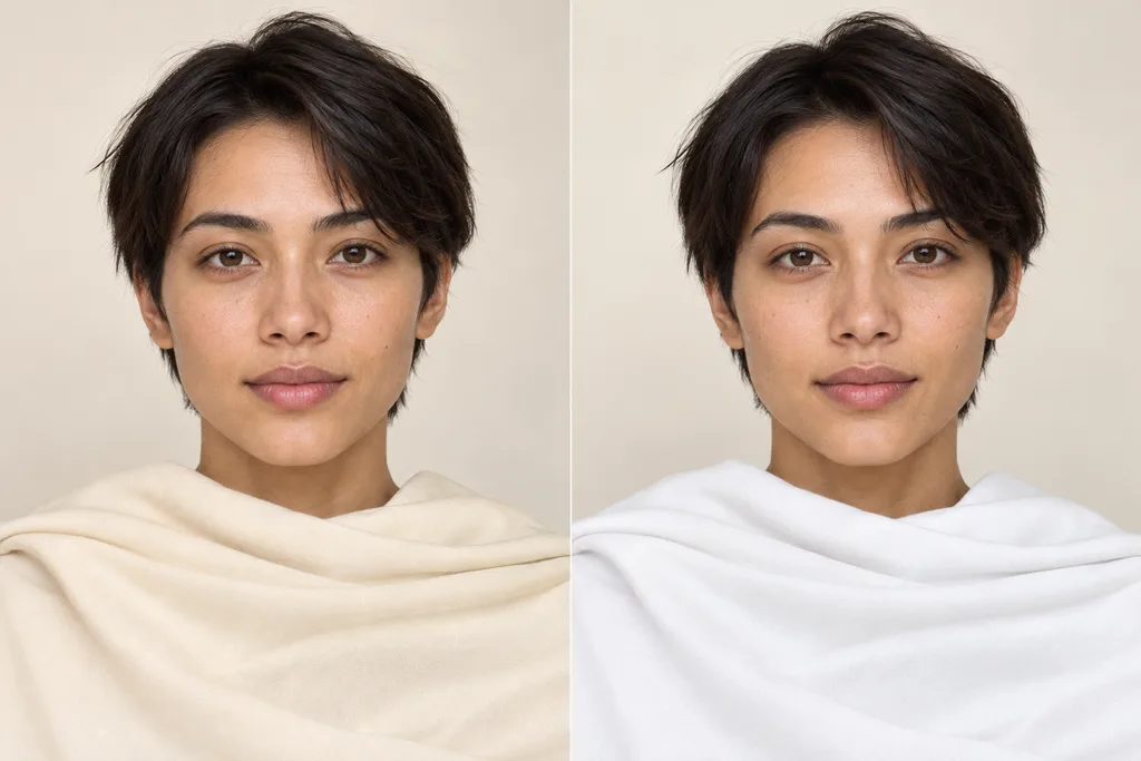 Paired portraits of the same adult androgynous person aged 24 with light brown skin and short straight dark hair, with warm ivory fabric on the left and cool white fabric on the right.