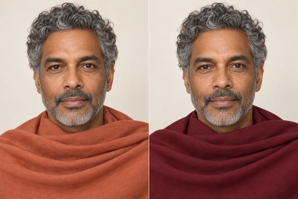 Paired portraits of the same adult masculine-presenting person aged 55 with medium brown skin and short salt-and-pepper curls, with soft terracotta fabric on the left and deep burgundy fabric on the right.