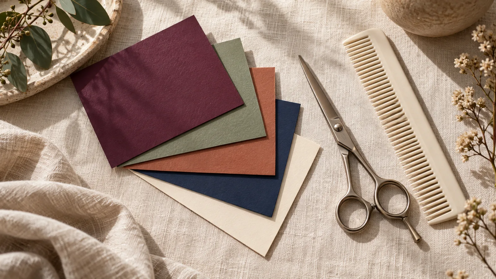 A still life of fabric swatches, scissors and a comb