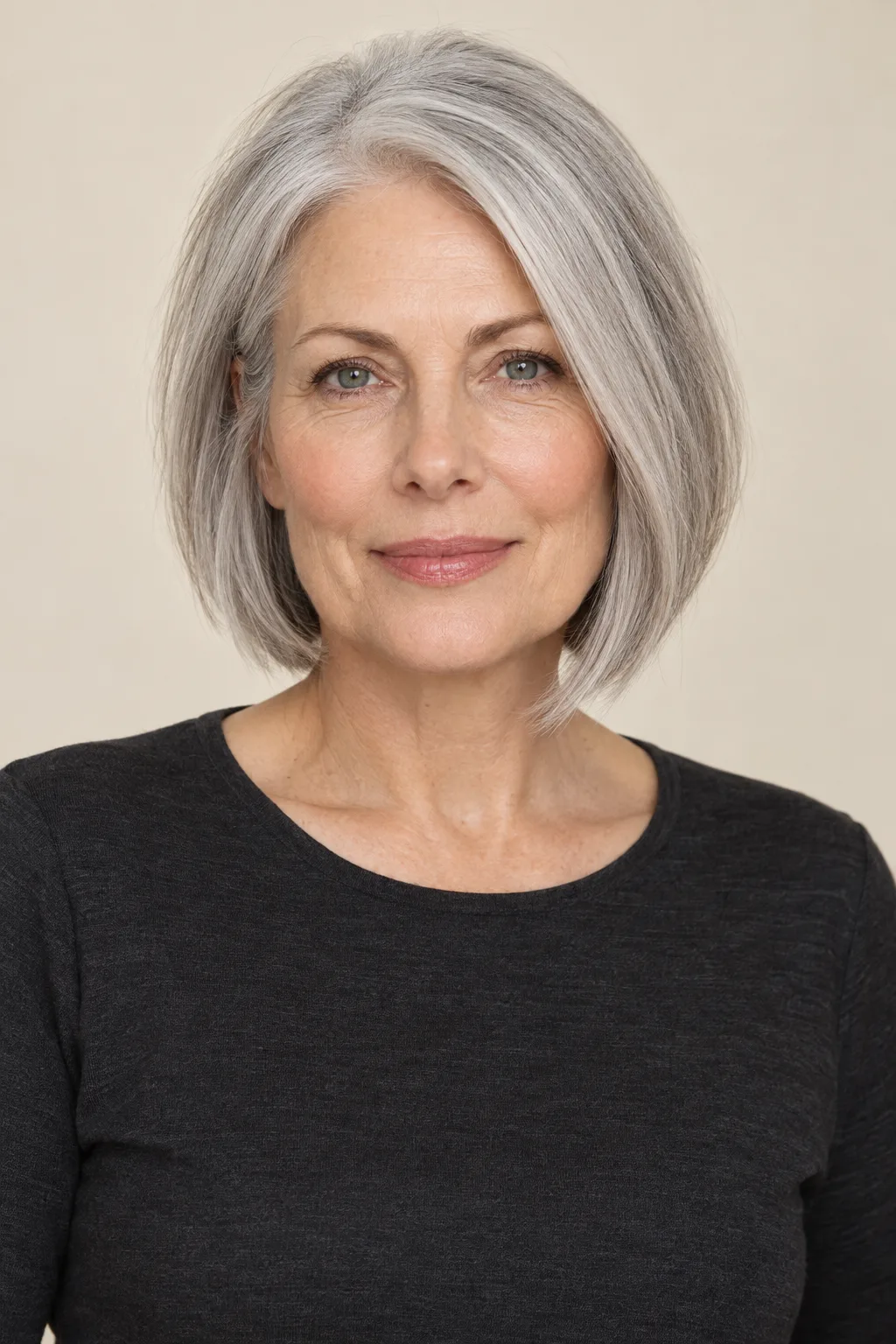 Front view of a straight bob with slightly longer jaw-skimming pieces.