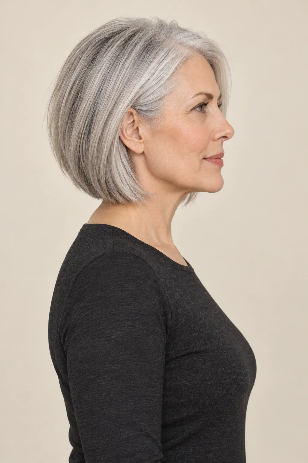Side view showing the bob's gentle angle from back to front.