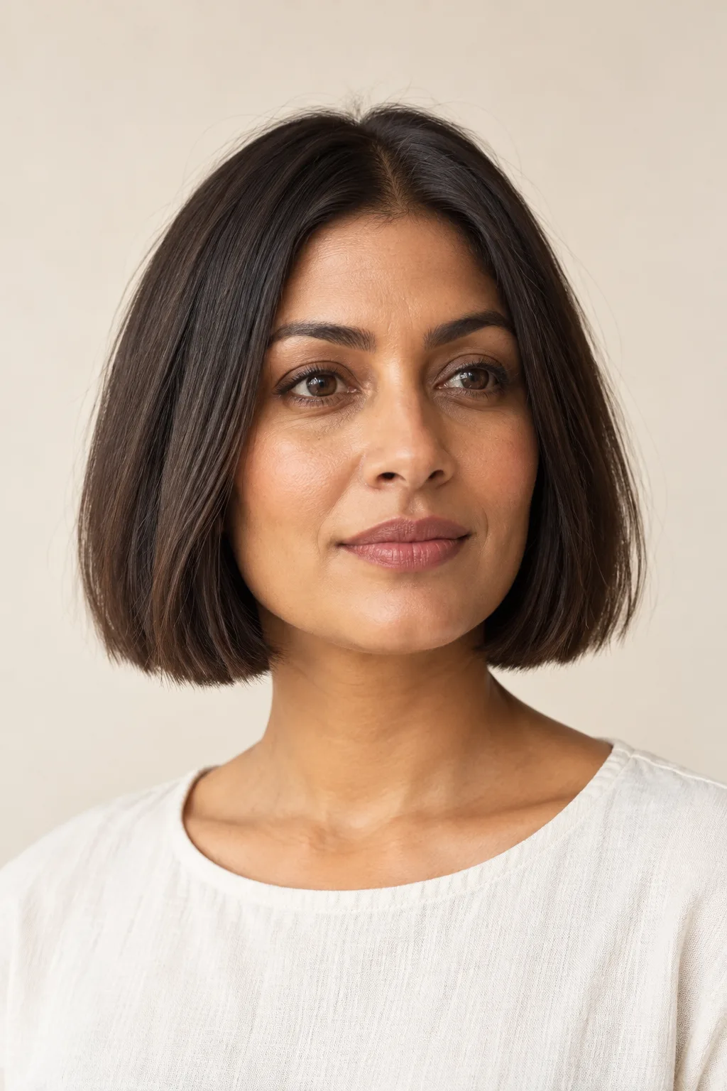 Front view of a straight chin-length bob with a clean perimeter.