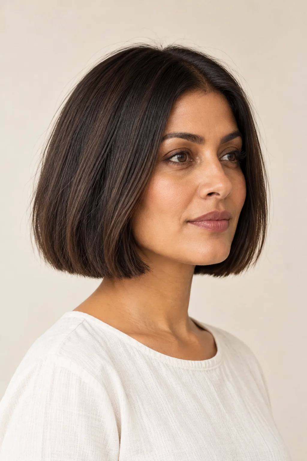 Side view of the classic bob's smooth chin-length outline.
