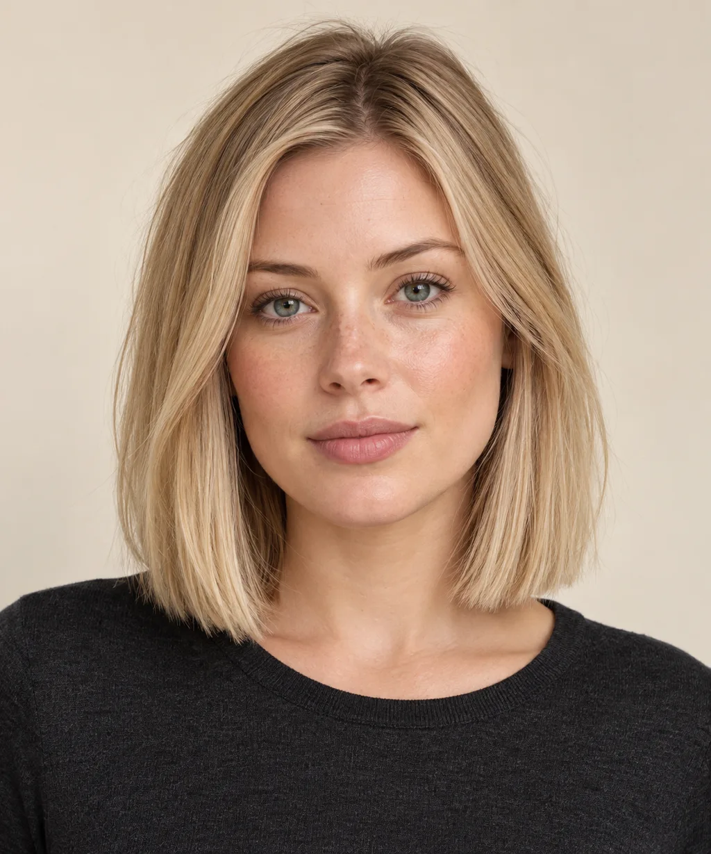 Front view of a straight collarbone lob with a blunt lower edge.