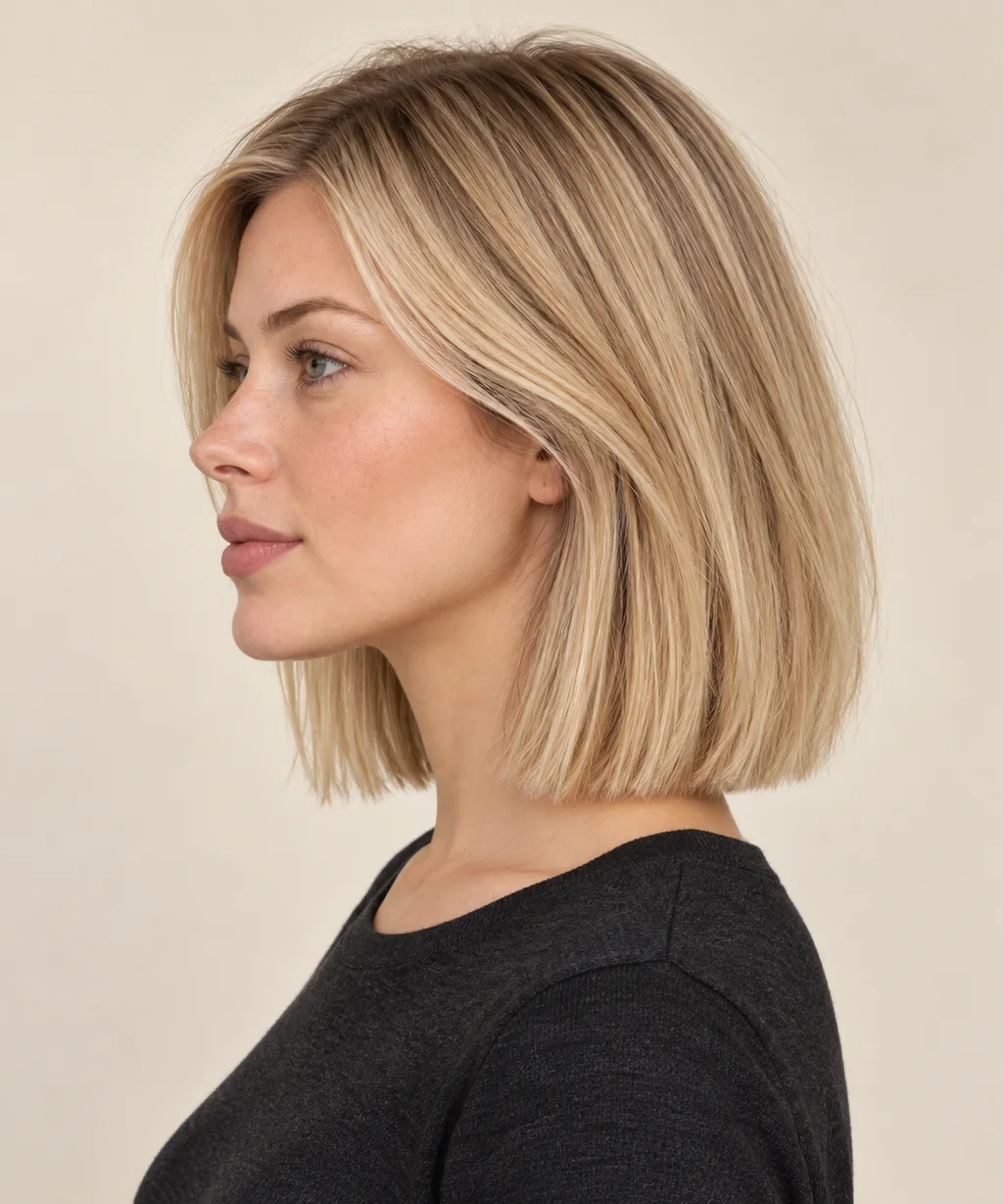 Side view of a collarbone-length lob with minimal layering.