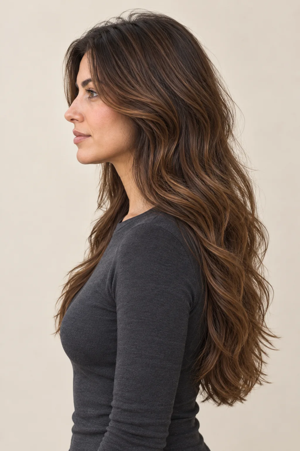 Side view showing shorter face layers above the long wavy perimeter.