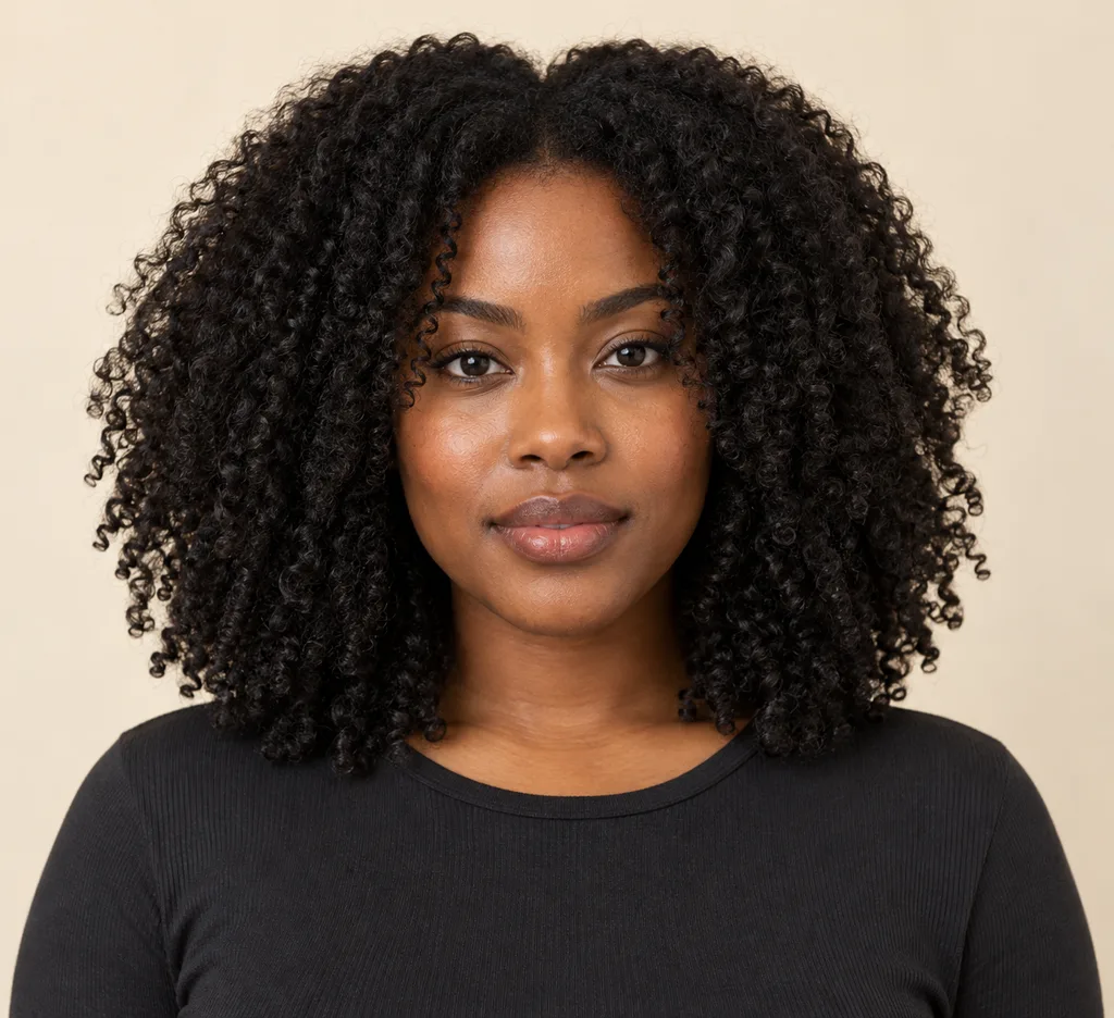 Front view of medium-length natural coils with a full layered shape.