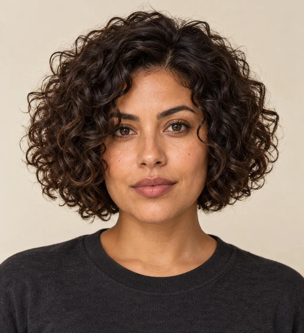Front view of a rounded curly bob framing the face with defined curls.