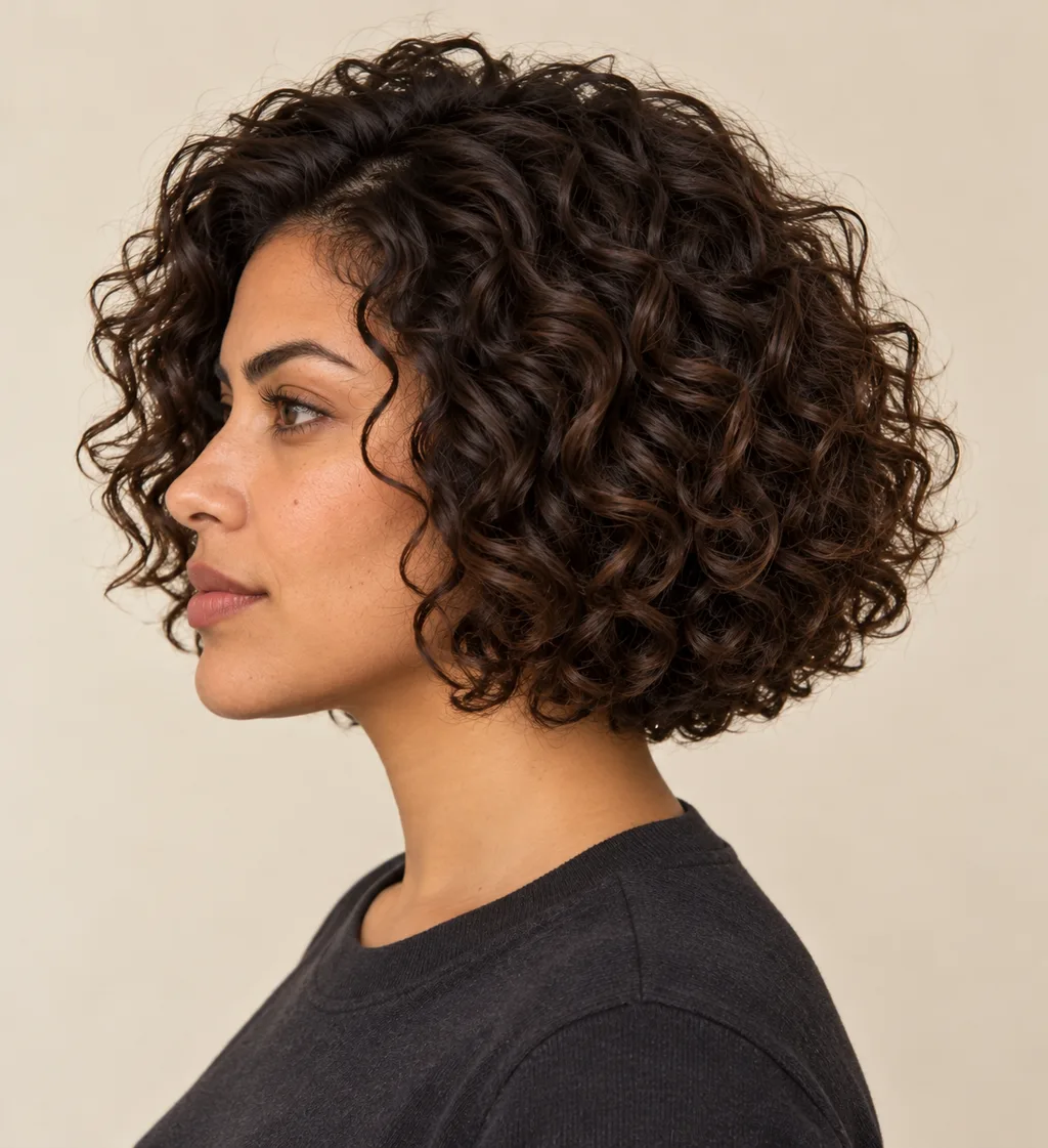 Side view showing balanced layers in a chin-level curly bob.