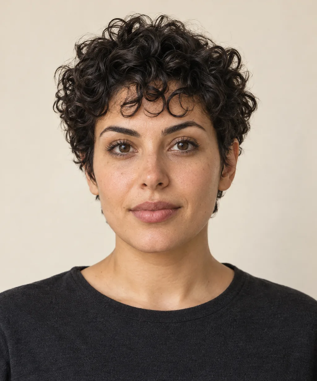 Front view of a curly pixie with defined curls and a short fringe.