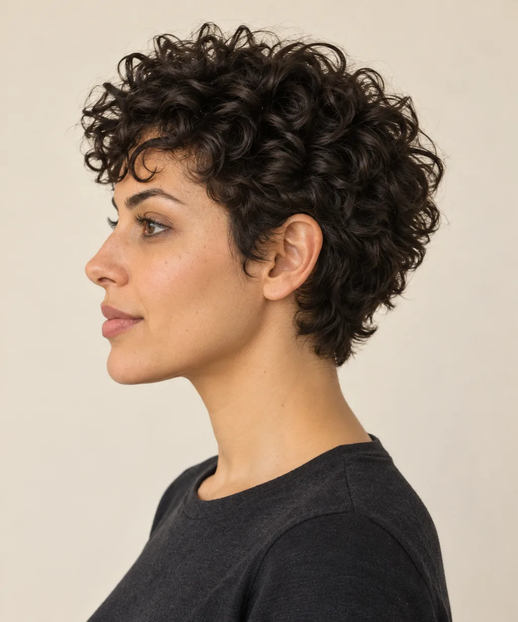 Side view showing the curly pixie's rounded top and shorter sides.