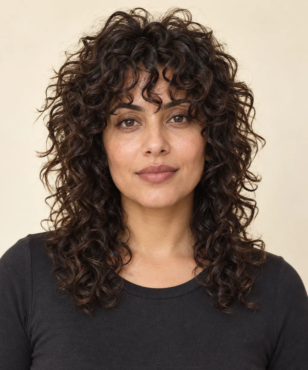 Front view of a curly shag with a soft curl fringe.