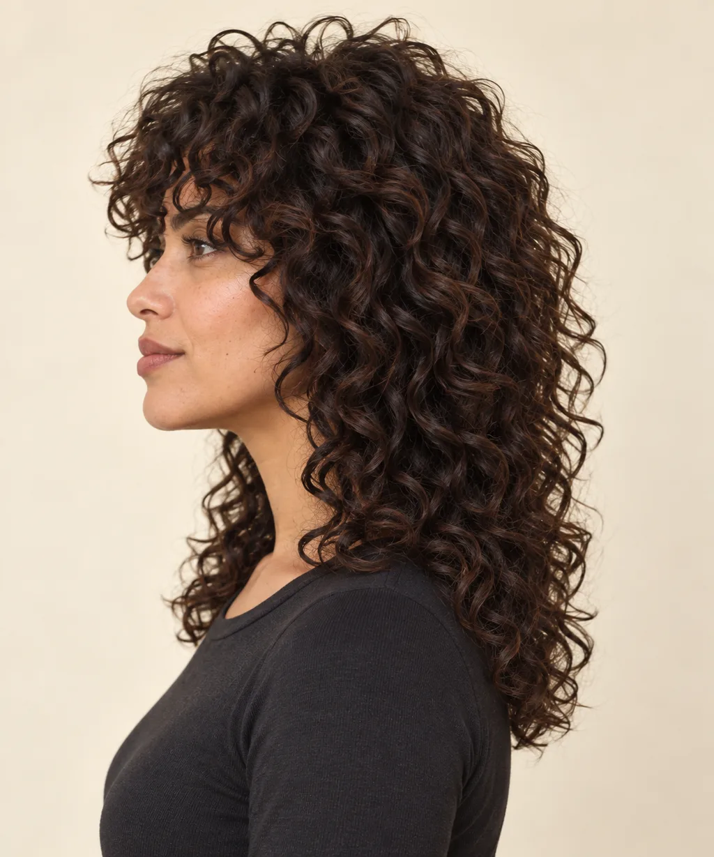Side view showing the curly shag's shorter crown and longer perimeter.