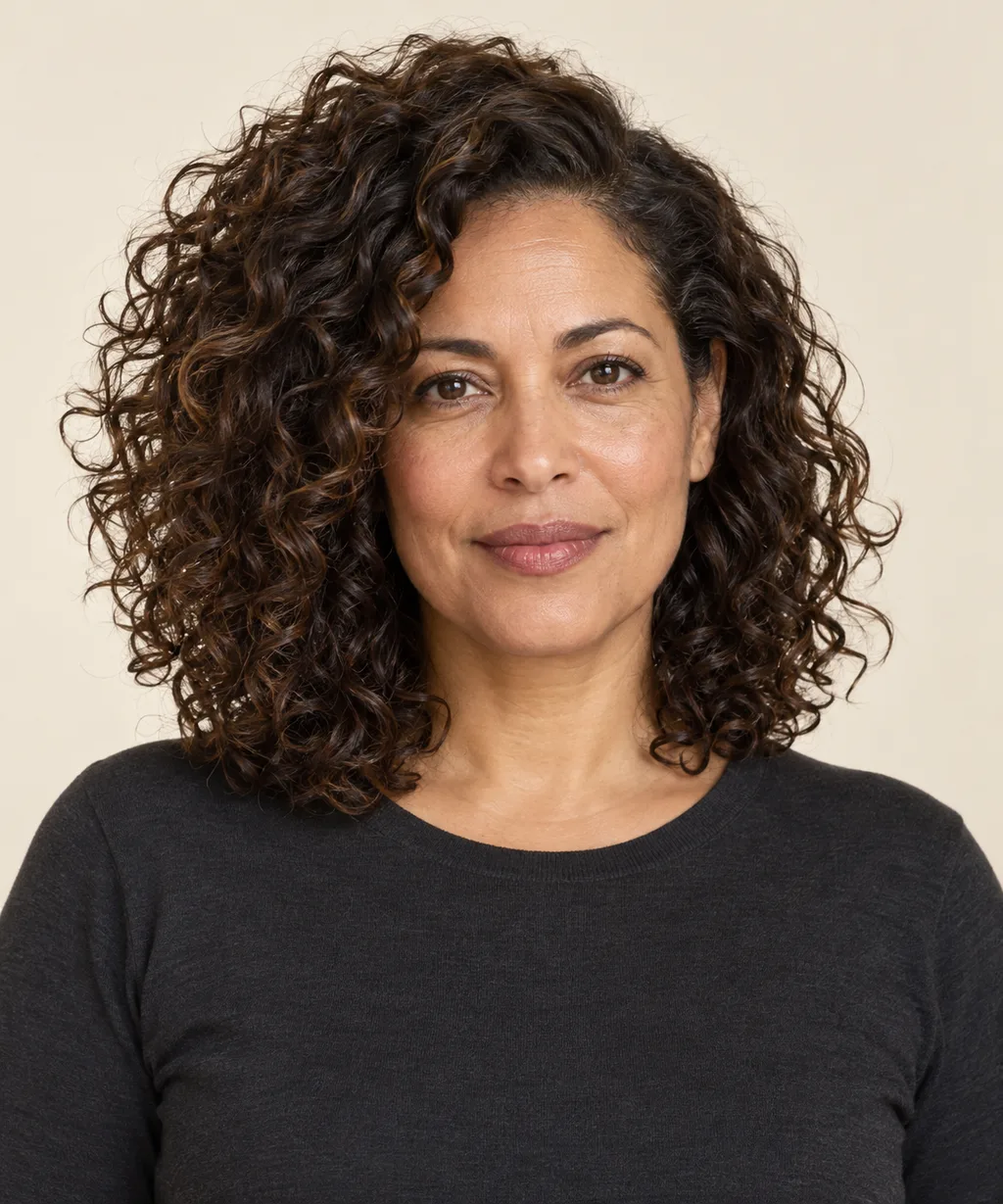 Front view of medium curls with a relaxed side part and fuller volume on one side.