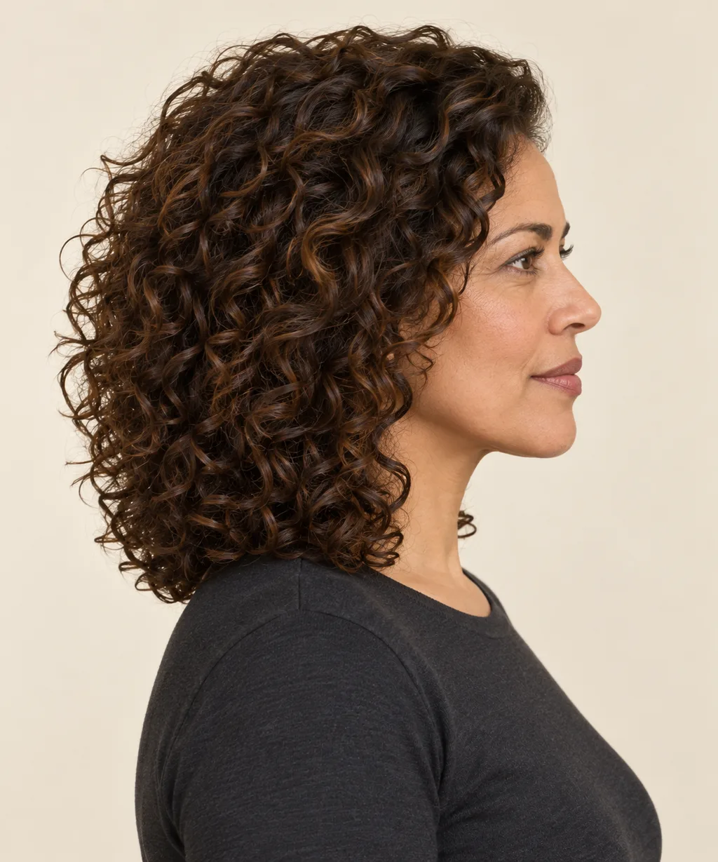 Side view showing a balanced shoulder-level curly shape.