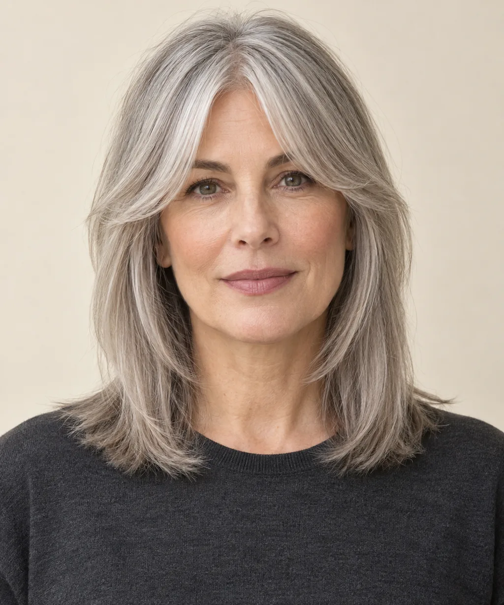 Front view of a centre-parted curtain fringe and straight shoulder layers.