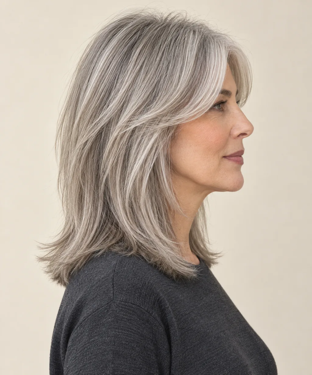Side view showing curtain pieces blending into medium straight layers.