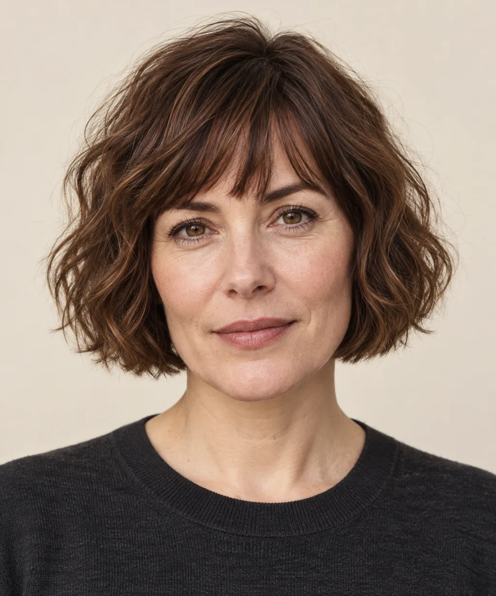Front view of a wavy French bob with a soft forehead fringe.