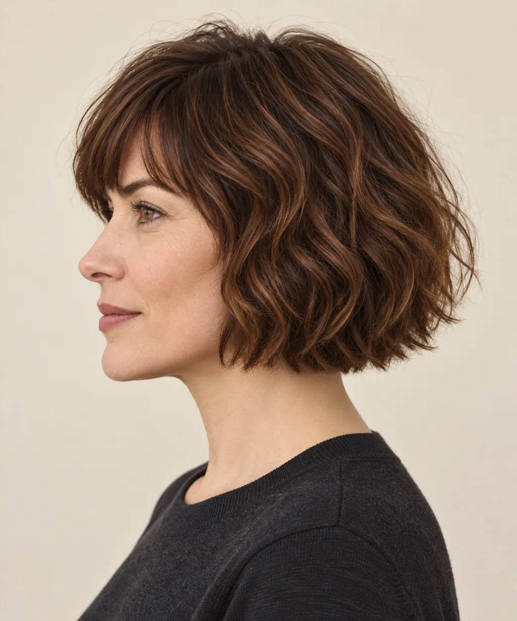Side view of the short French bob's relaxed wavy perimeter.