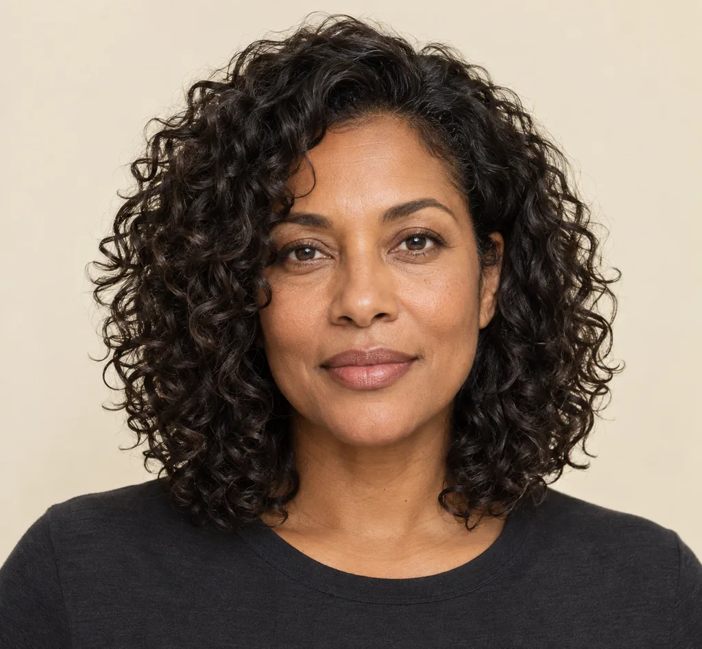 Front view of shoulder-length curls in a softly layered lob.