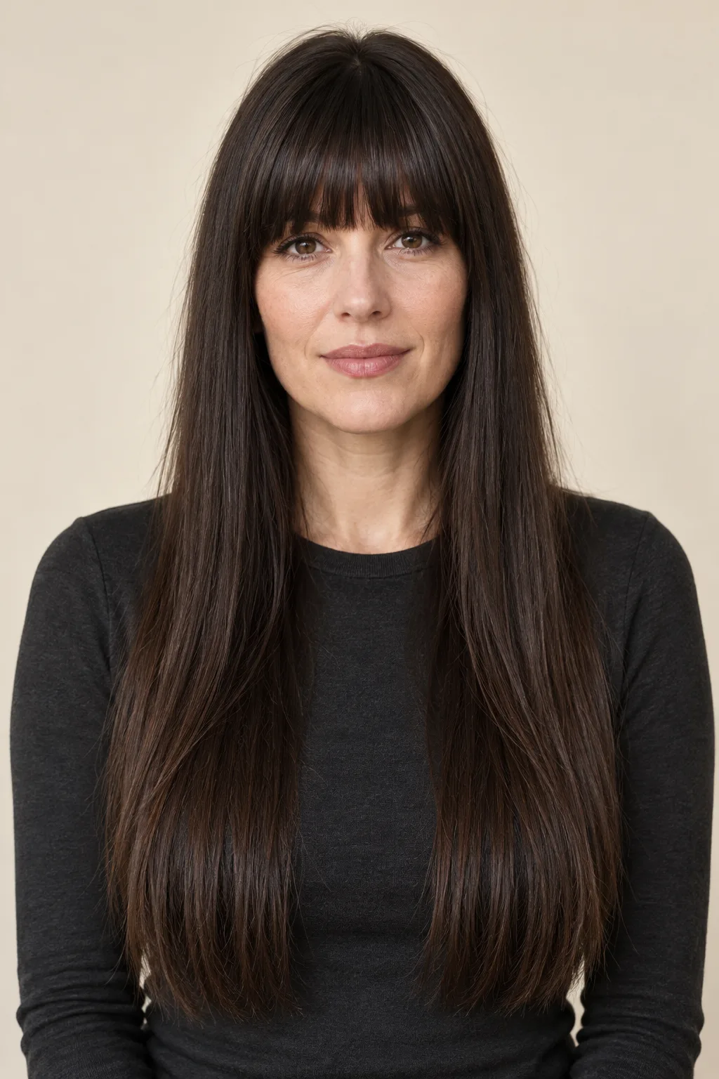 Front view of long straight hair with a full blunt forehead fringe.