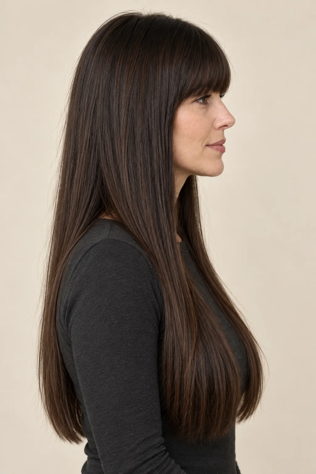 Side view showing a blunt fringe paired with long straight lengths.