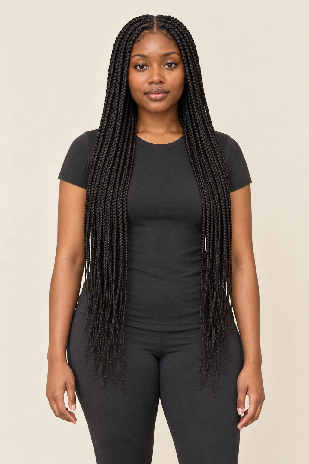 Front view of long individual box braids worn loose.