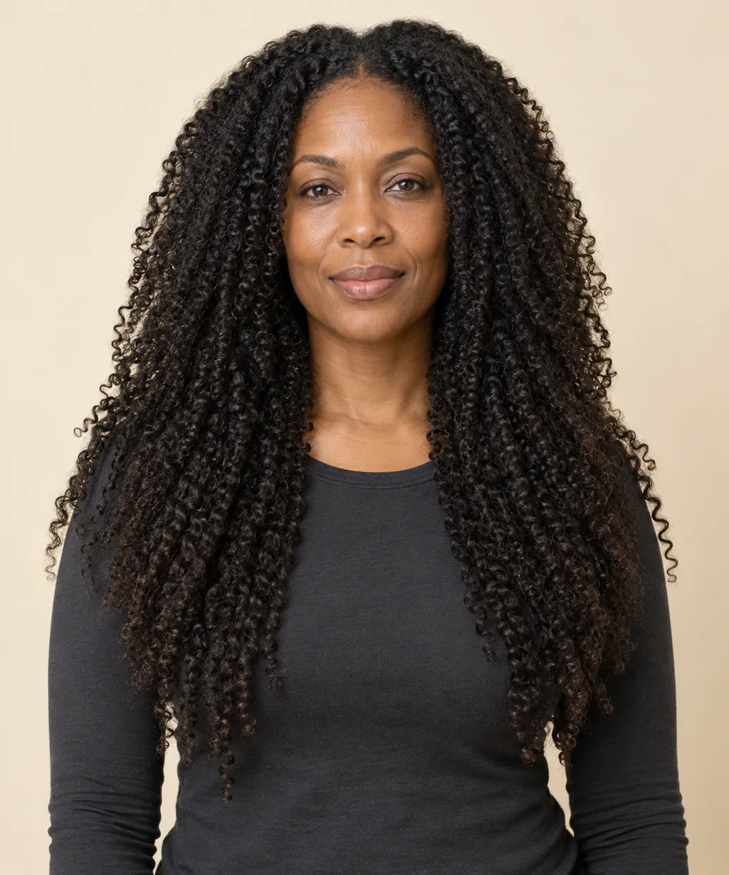 Front view of long natural coils with a full layered silhouette.