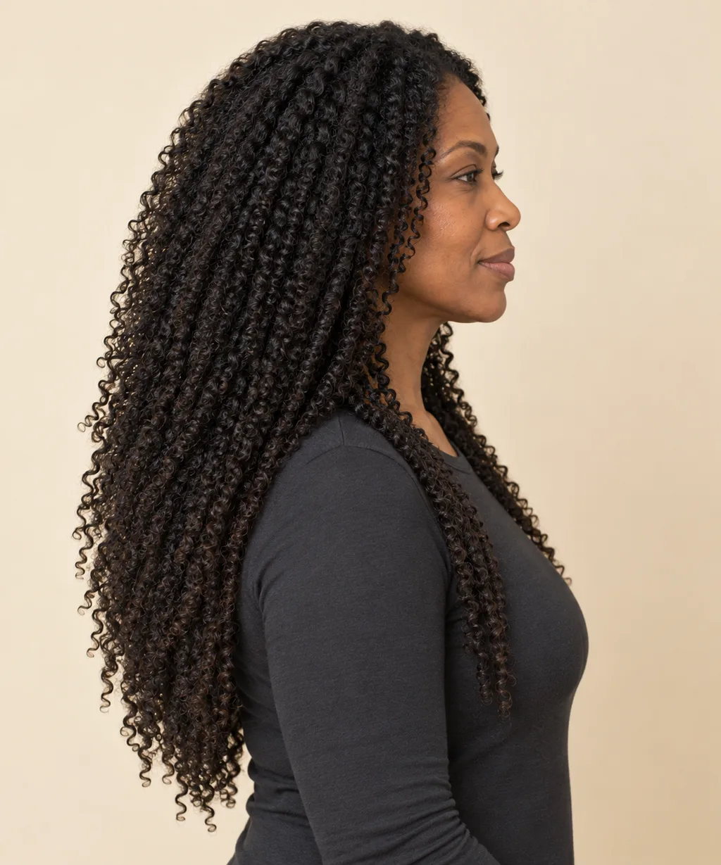 Side view showing gentle shaping through long coily hair.