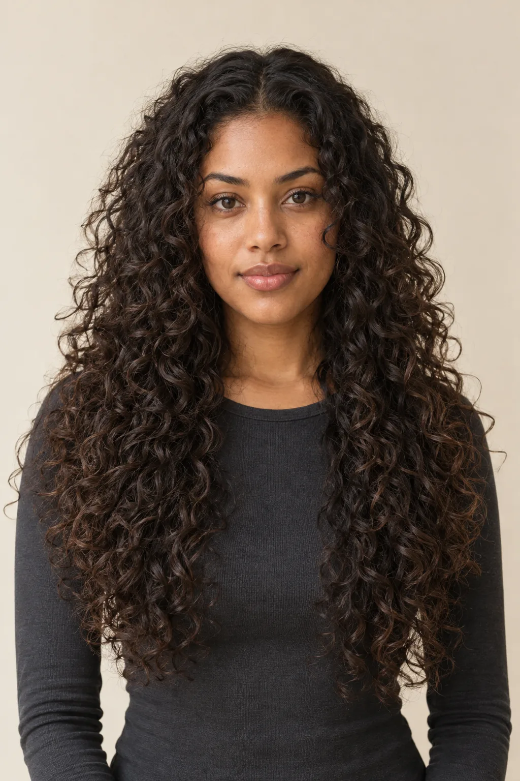Front view of long defined curls with balanced face-framing layers.
