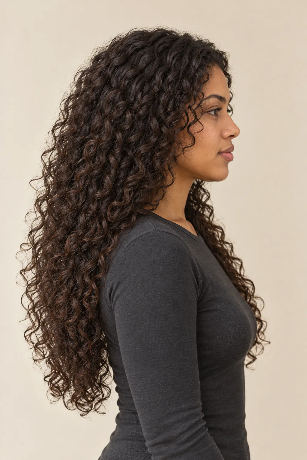 Side view of long curly layers creating a rounded flowing shape.