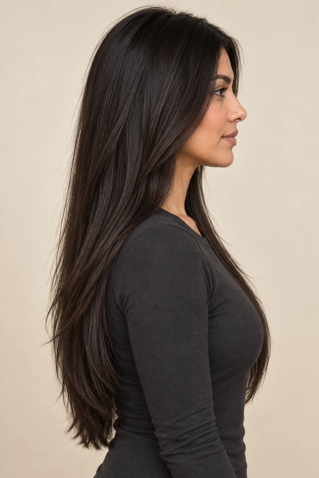 Side view showing long straight layers and gentle face framing.