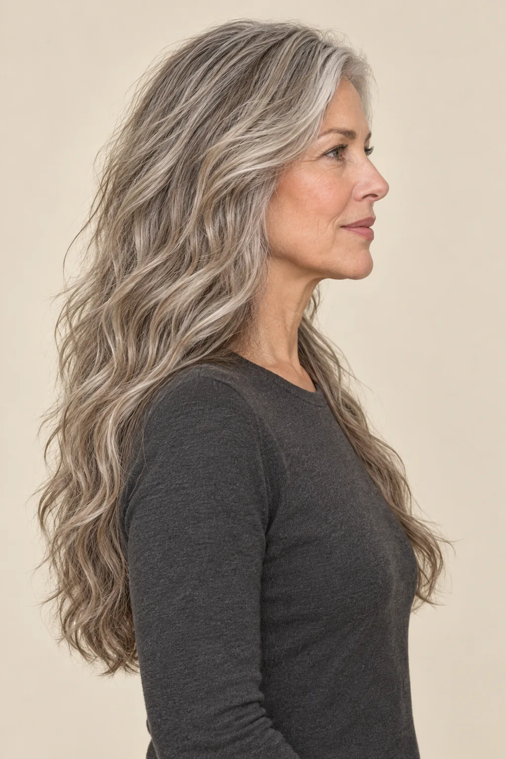 Side view showing flowing long wavy layers and full ends.