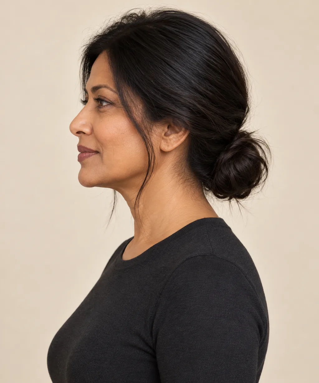 Side view showing a loose bun secured at the nape.
