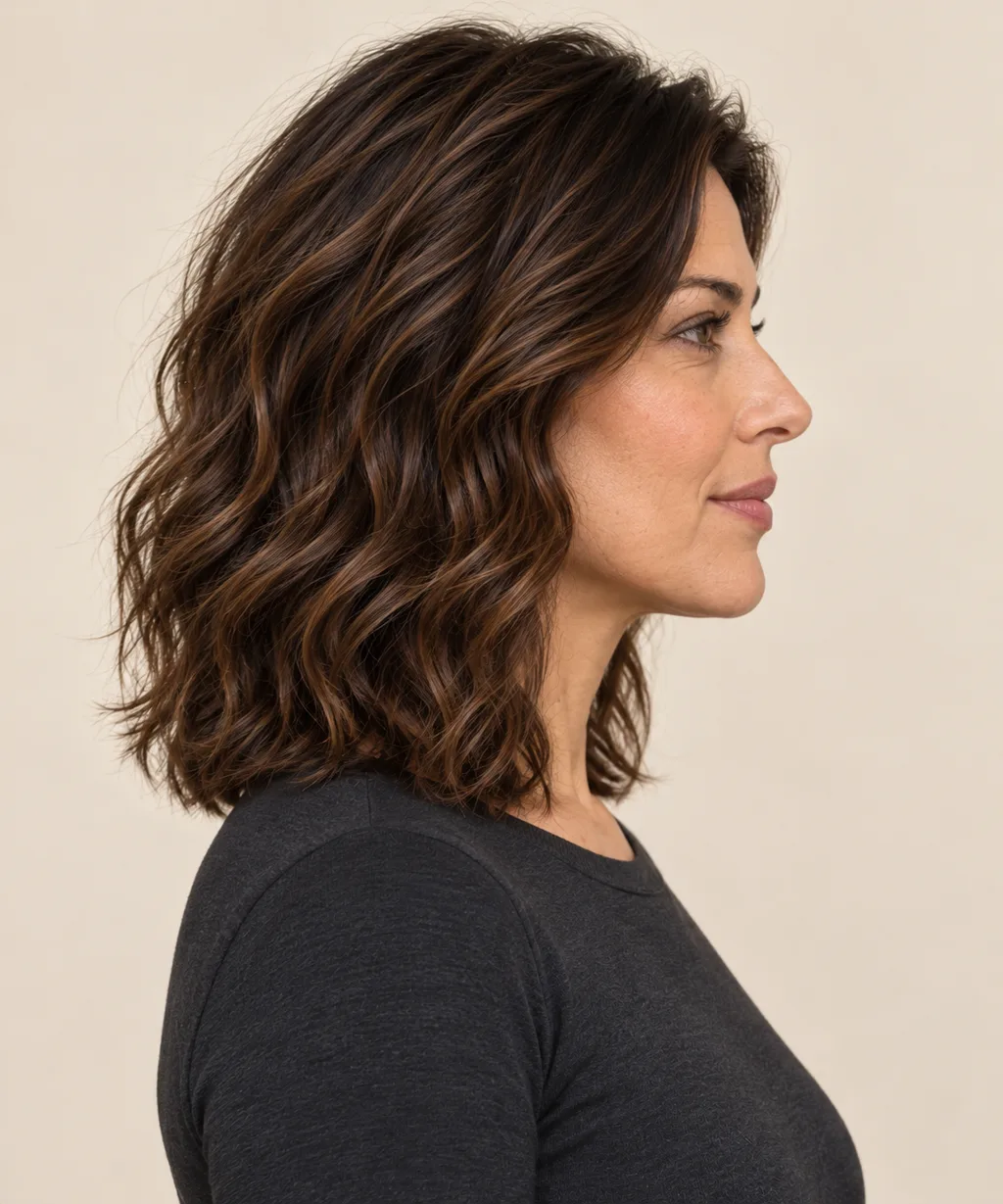 Side view of a simple shoulder-length outline with softly bending ends.