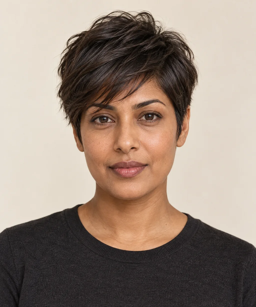 Front view of a soft pixie with a side-swept longer top.