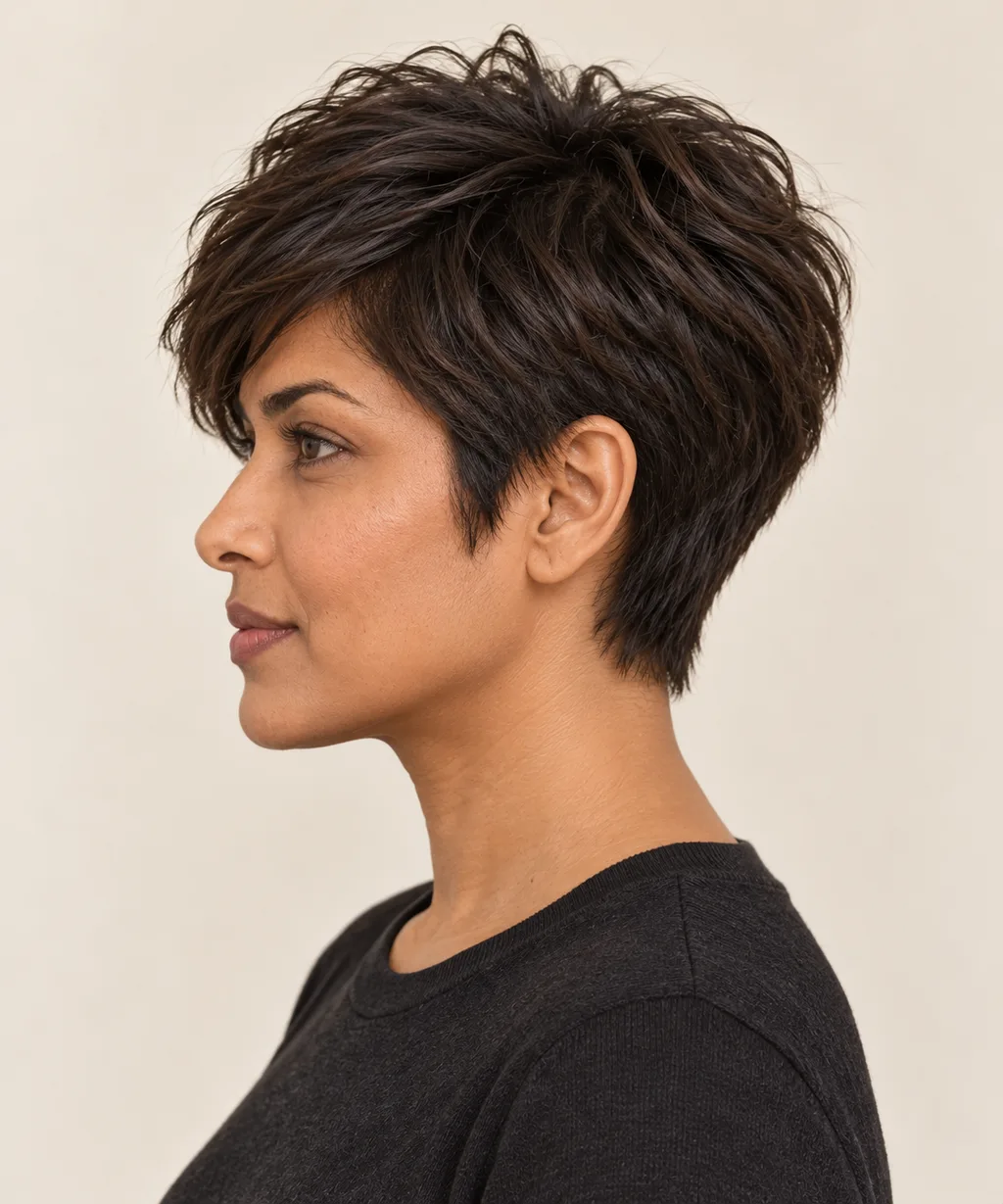 Side view showing the soft pixie's tapered nape and longer crown.