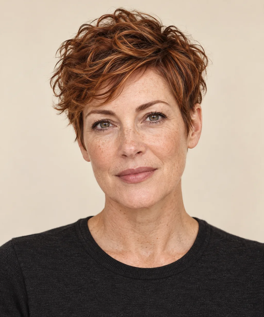 Front view of a textured pixie with loose waves through the top.