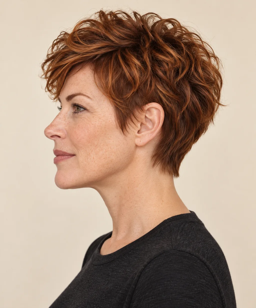 Side view of the wavy pixie's soft taper around the ear.
