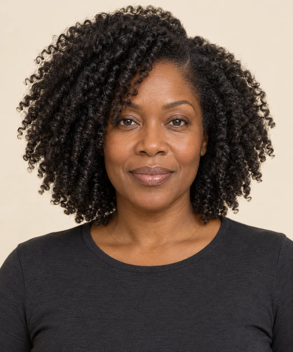Front view of a full medium-length twist-out with soft definition.