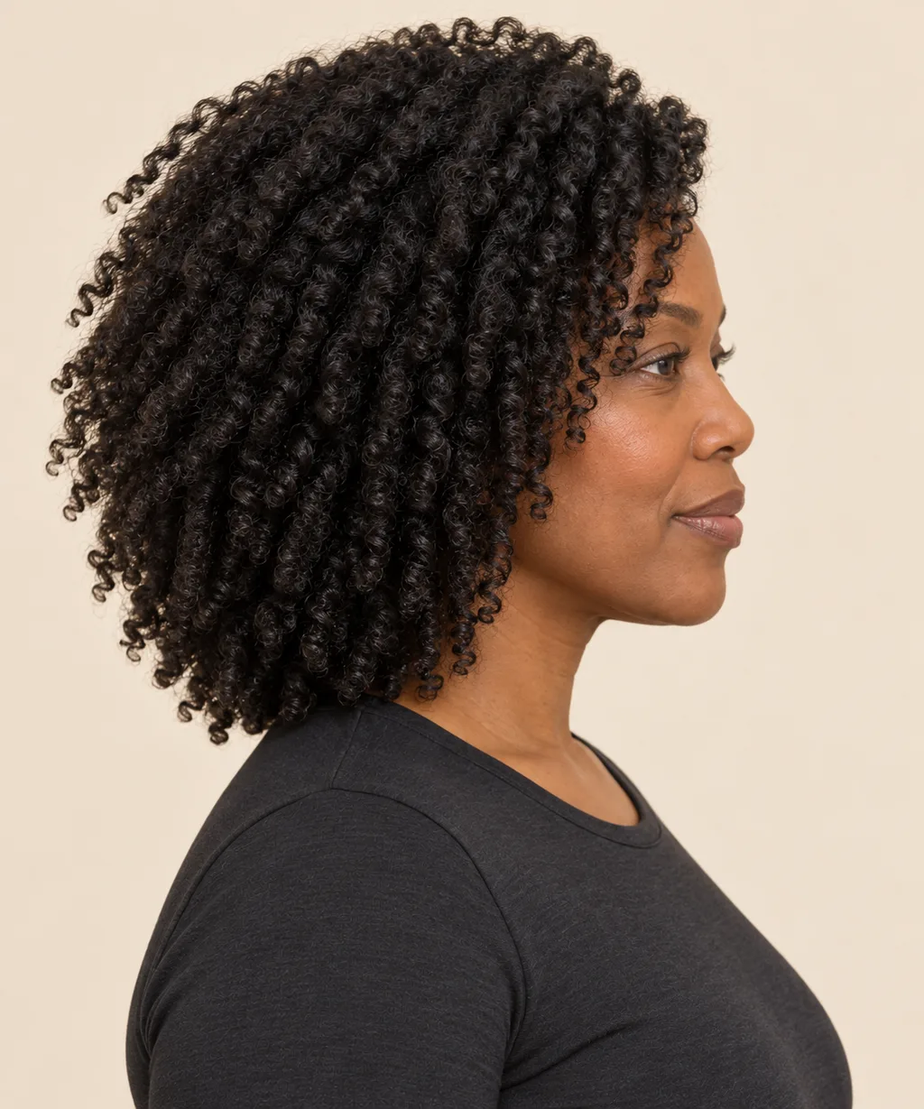 Side view showing the soft expanded silhouette of a twist-out.