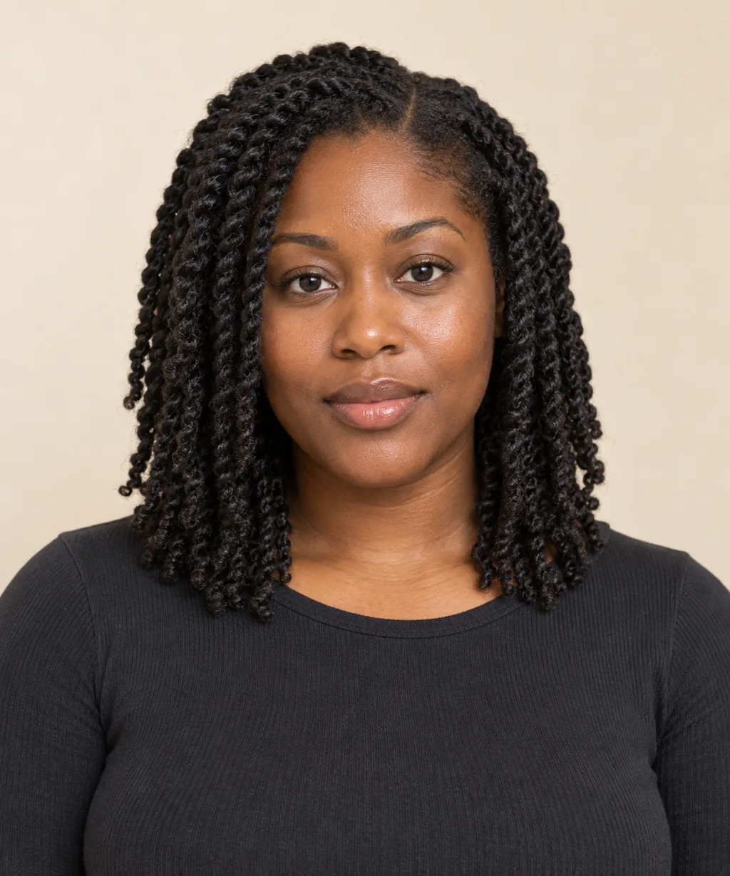 Front view of medium two-strand twists falling near the shoulders.