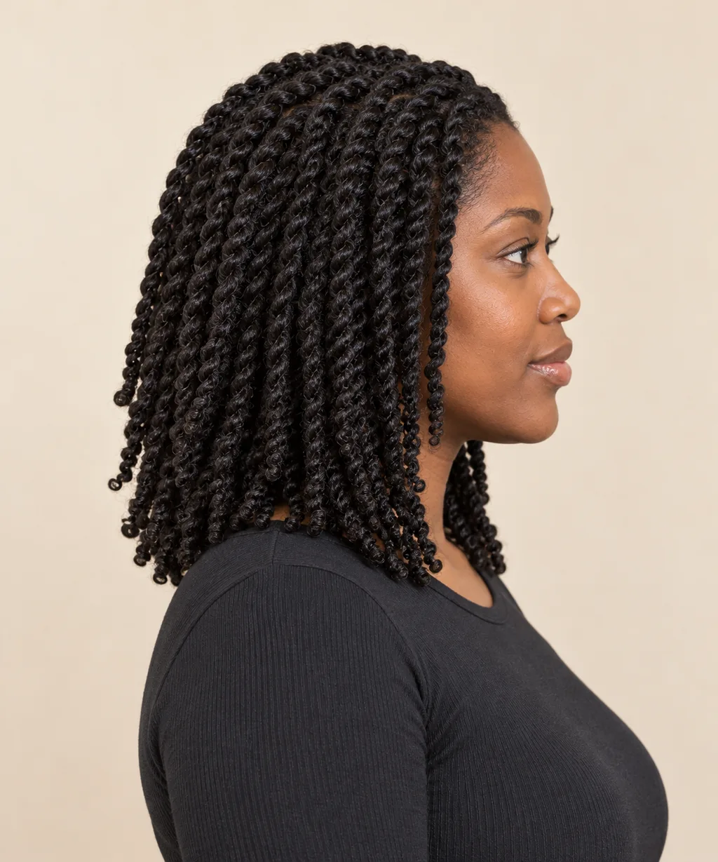 Side view showing evenly sized two-strand twists with a soft outline.
