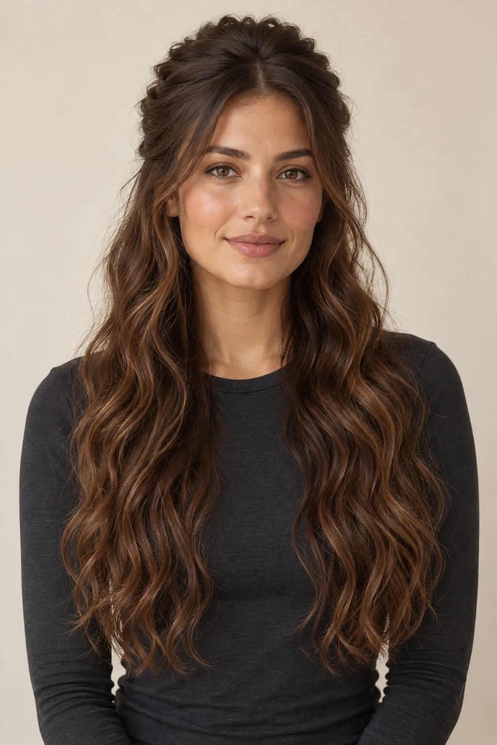 Front view of long waves softly lifted into a half-up twist.
